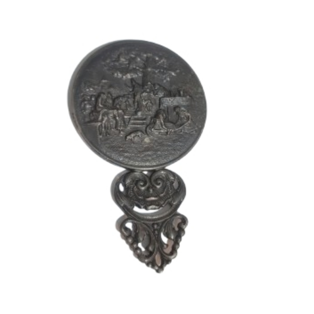 Vintage Pewter Hand Mirror Colonial Scene